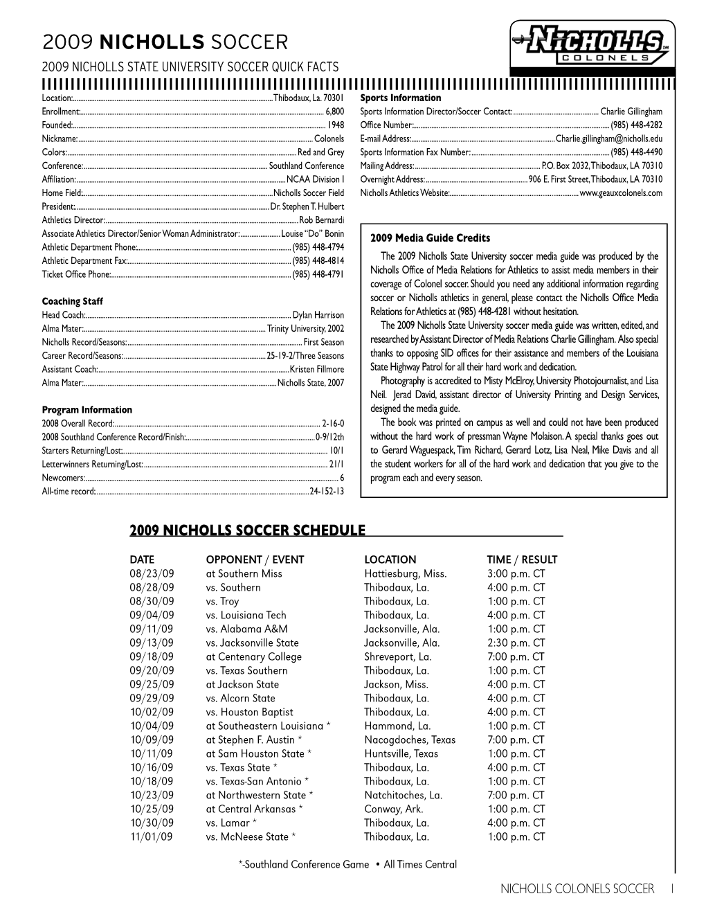 2009 Nicholls Soccer 2009 Nicholls State University Soccer Quick Facts