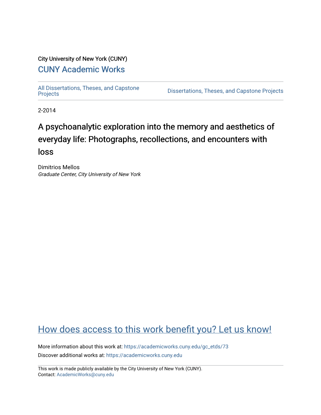 A Psychoanalytic Exploration Into the Memory and Aesthetics of Everyday Life: Photographs, Recollections, and Encounters with Loss