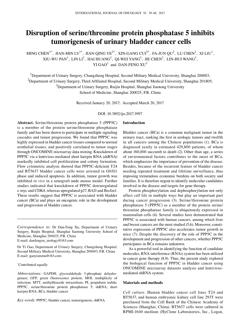 Disruption of Serine/Threonine Protein Phosphatase 5 Inhibits Tumorigenesis of Urinary Bladder Cancer Cells