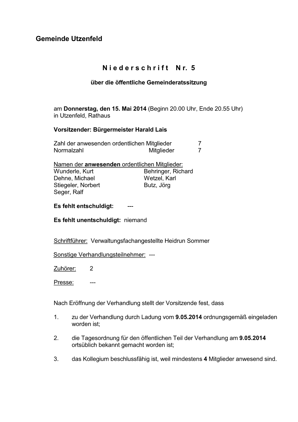 Gemeinde Utzenfeld Niederschrift Nr. 5