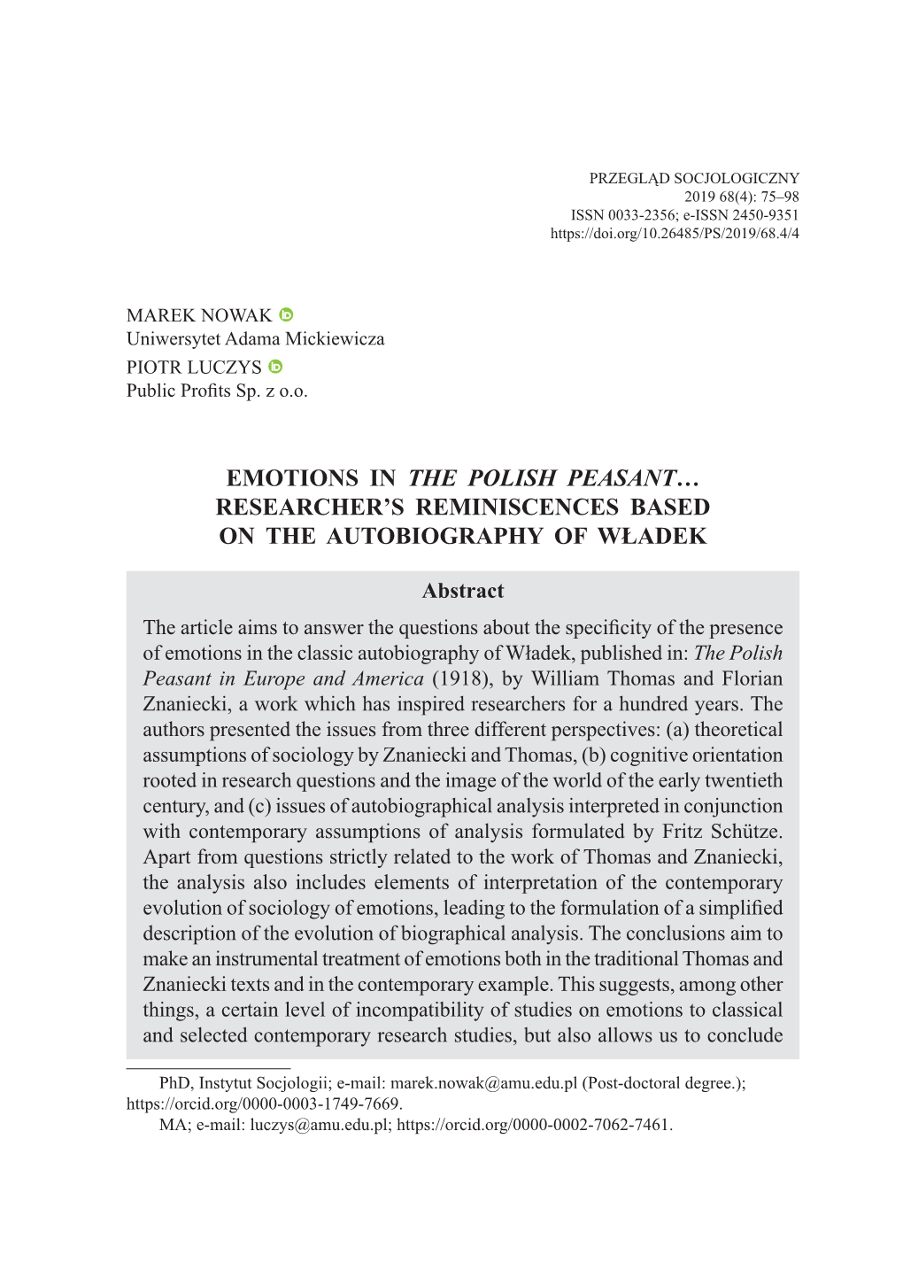 Emotions in the Polish Peasant… Researcher’S Reminiscences Based on the Autobiography of Władek