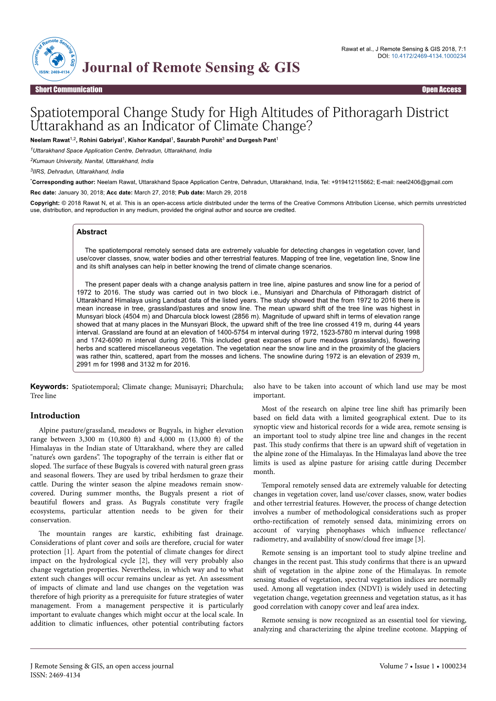 Spatiotemporal Change Study for High Altitudes of Pithoragarh