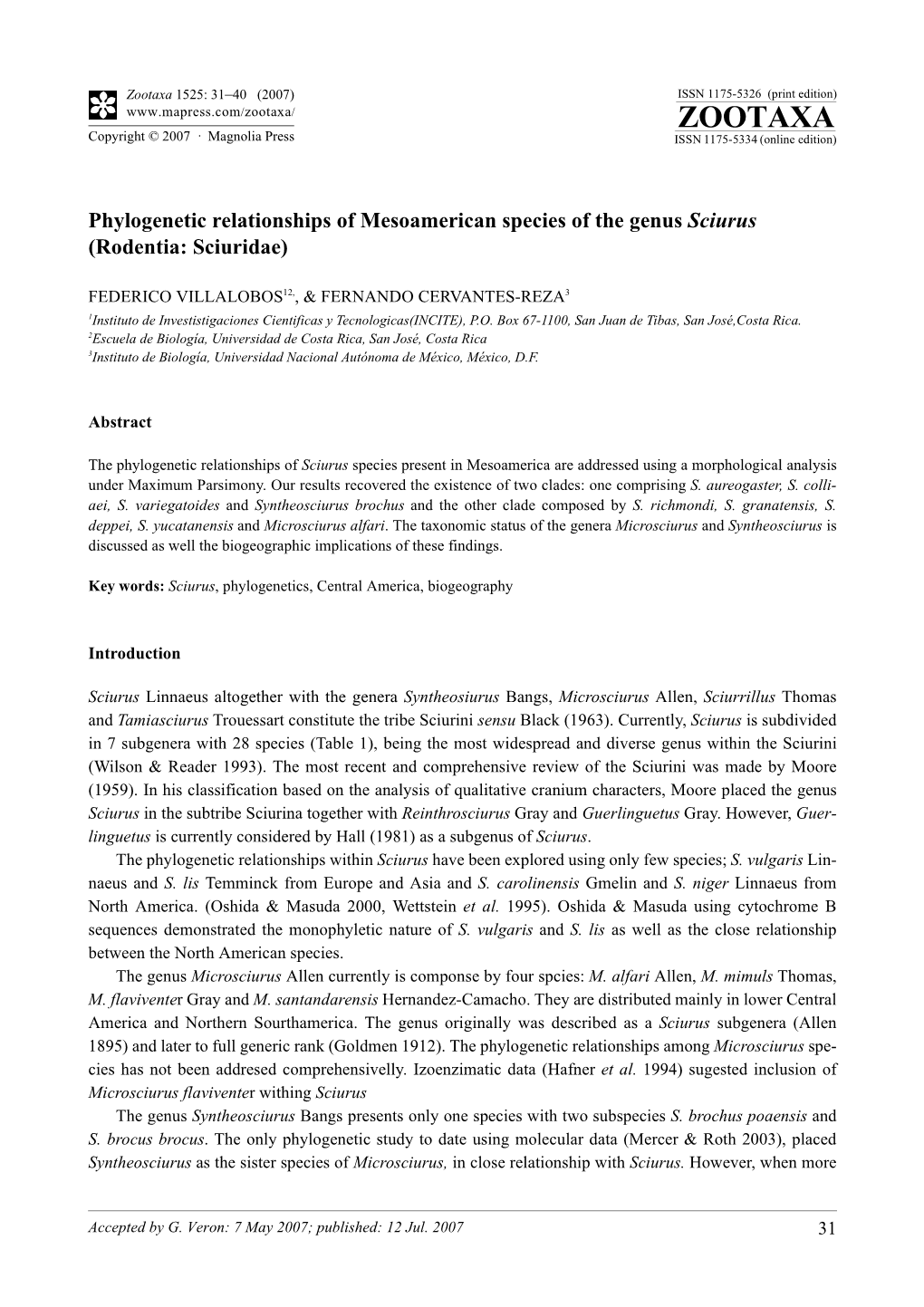 Zootaxa,Phylogenetic Relationships of Mesoamerican