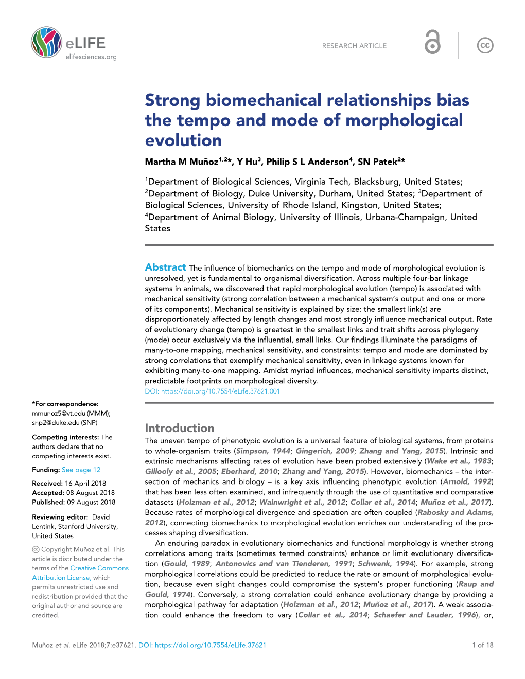 Strong Biomechanical Relationships Bias the Tempo and Mode of Morphological Evolution Martha M Mun˜ Oz1,2*, Y Hu3, Philip S L Anderson4, SN Patek2*