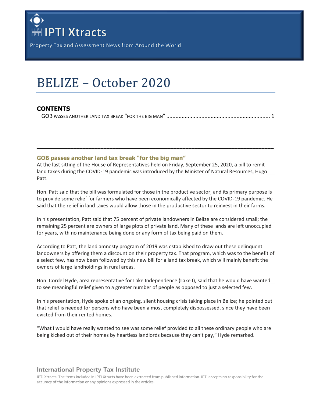 BELIZE – October 2020