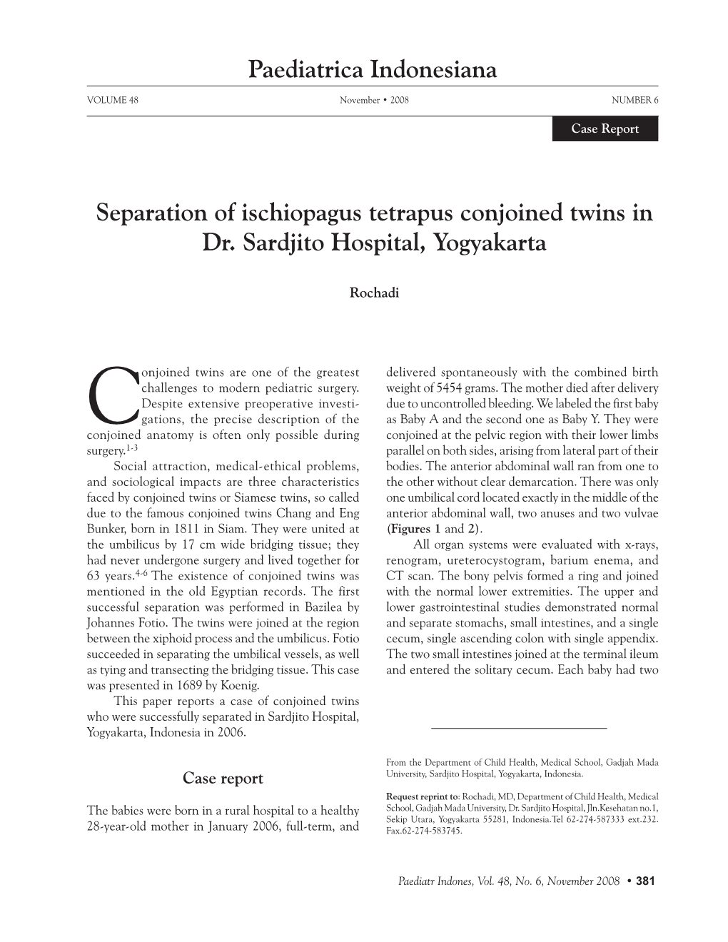 Paediatrica Indonesiana Separation of Ischiopagus Tetrapus Conjoined