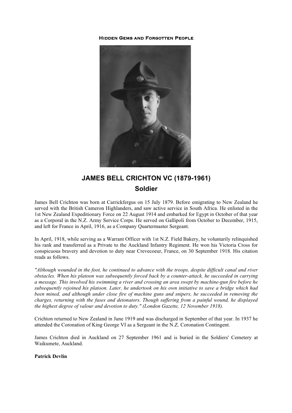 JAMES BELL CRICHTON VC (1879-1961) Soldier
