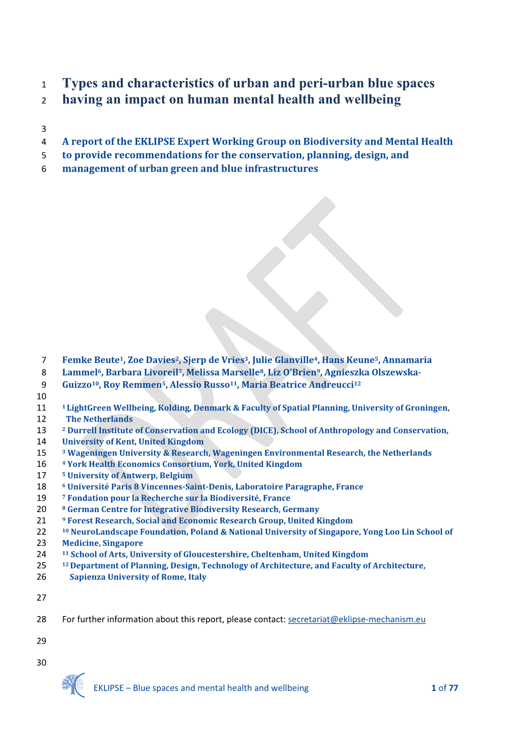 Types and Characteristics of Urban and Peri-Urban Blue Spaces Having an Impact on Human 3 Mental Health and Wellbeing