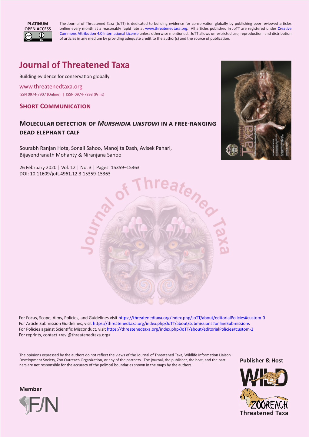 Molecular Detection of Murshidia Linstowi in a Free-Ranging Dead Elephant Calf