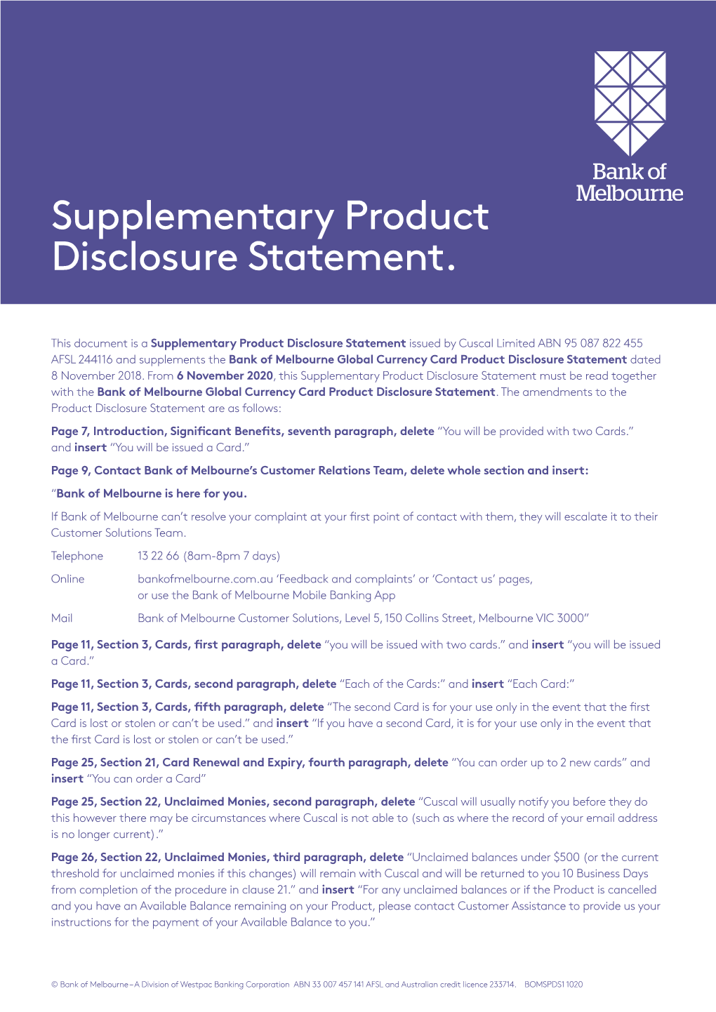 Bank of Melbourne Global Currency Card Product Disclosure Statement Dated 8 November 2018