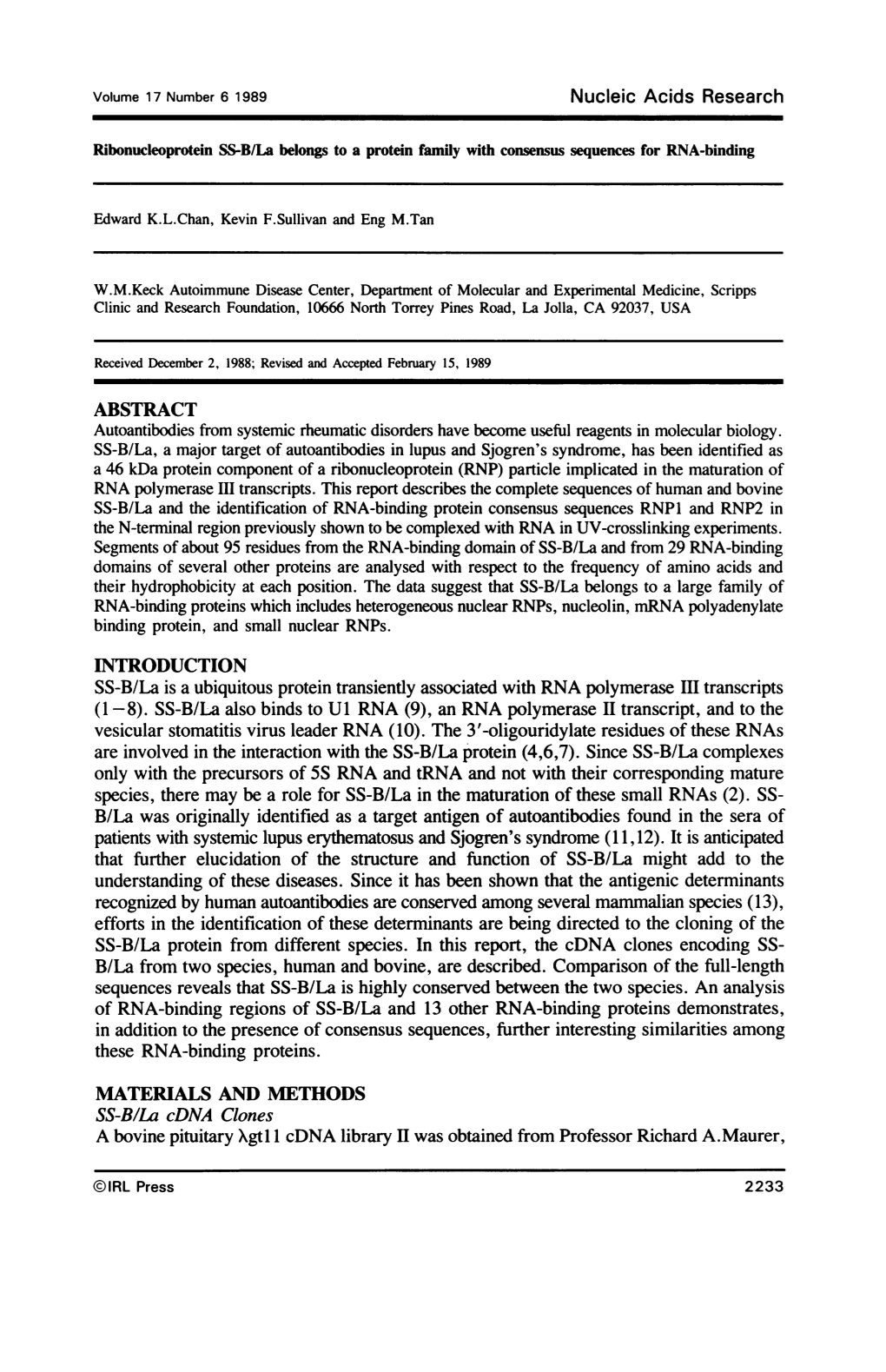 Ribonucleoprotein SS-B/La Belongs to a Protein Family with Consensus Sequences for RNA-Binding