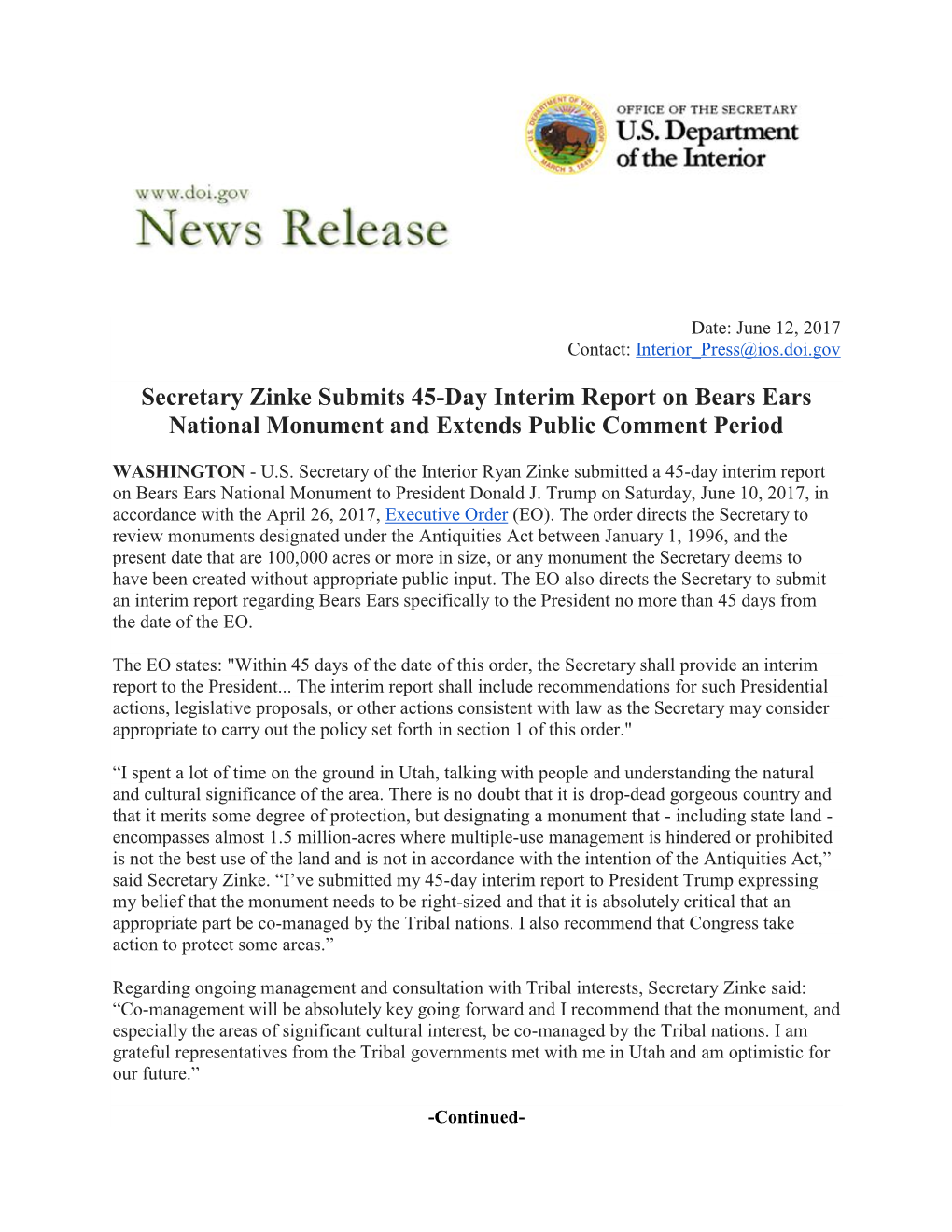 Secretary Zinke Submits 45-Day Interim Report on Bears Ears National Monument and Extends Public Comment Period