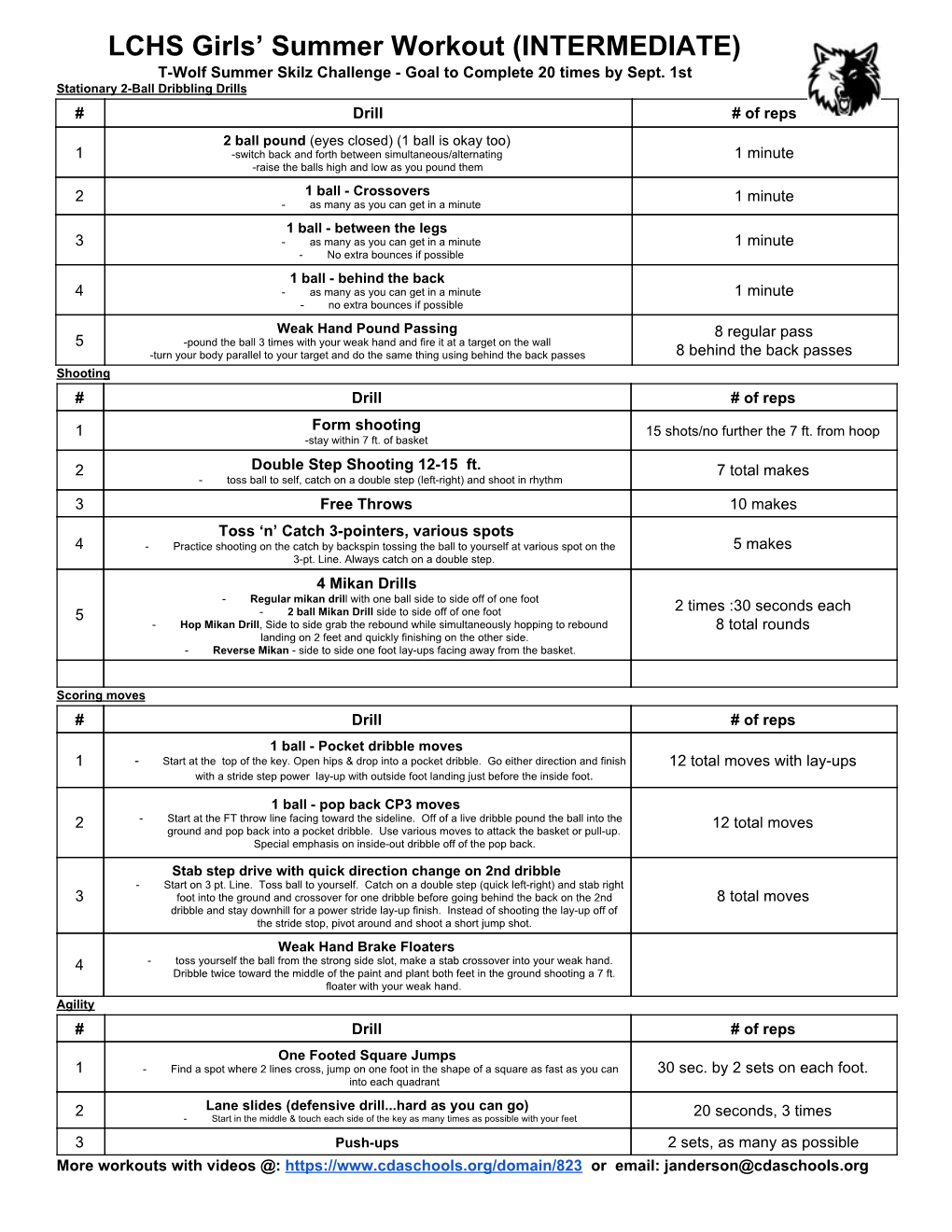 LCHS Girls' Summer Workout (INTERMEDIATE)