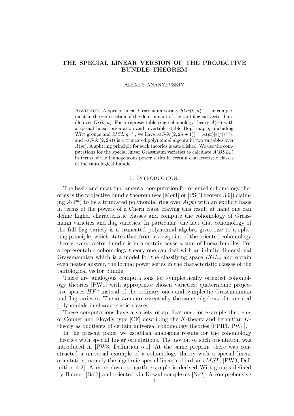 The Special Linear Version of the Projective Bundle Theorem