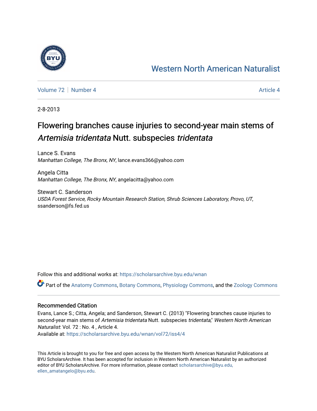 Flowering Branches Cause Injuries to Second-Year Main Stems of Artemisia Tridentata Nutt