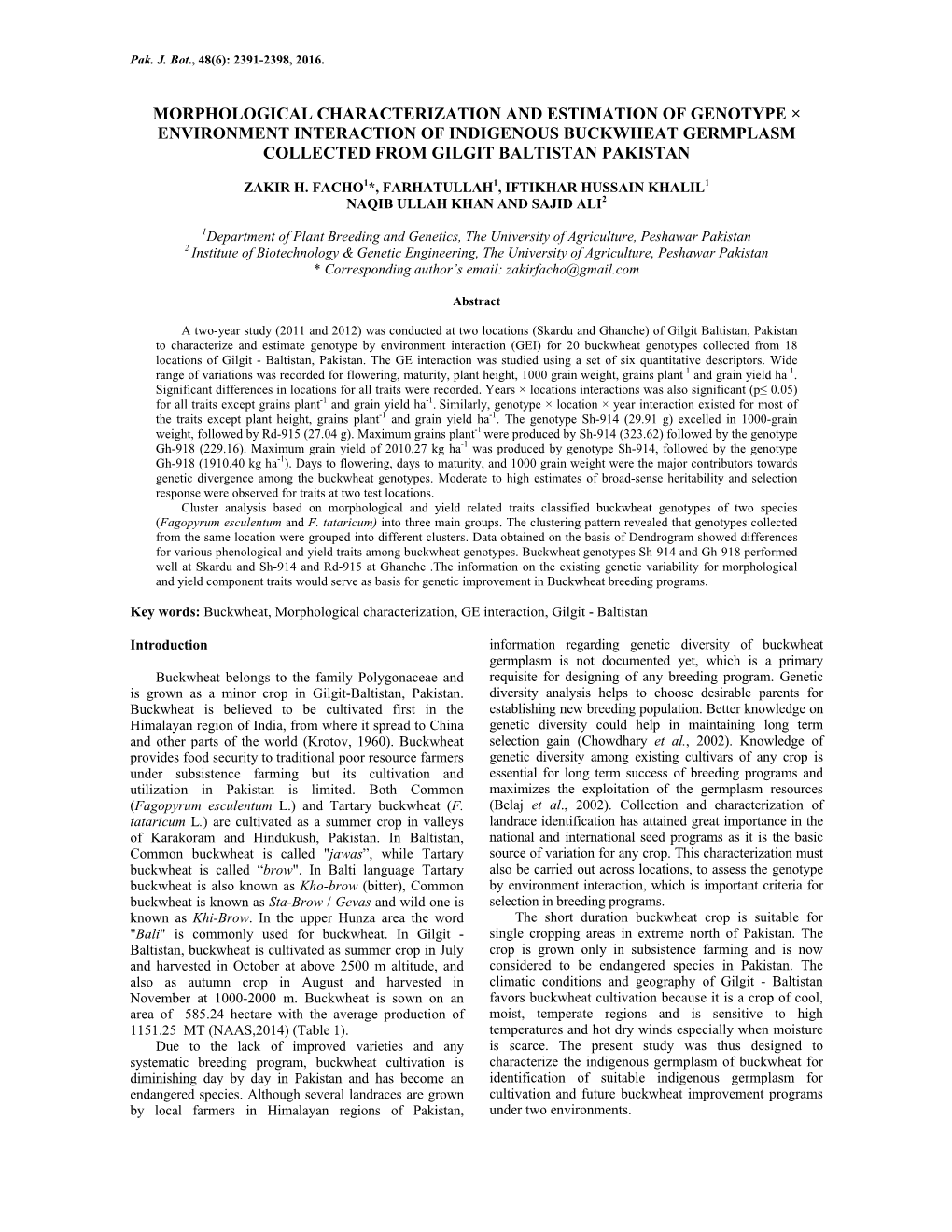 Morphological Characterization and Estimation of Genotype × Environment Interaction of Indigenous Buckwheat Germplasm Collected from Gilgit Baltistan Pakistan