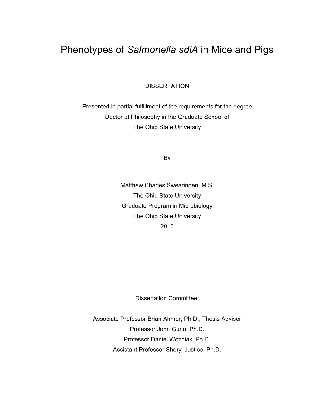 Phenotypes of Salmonella Sdia in Mice and Pigs