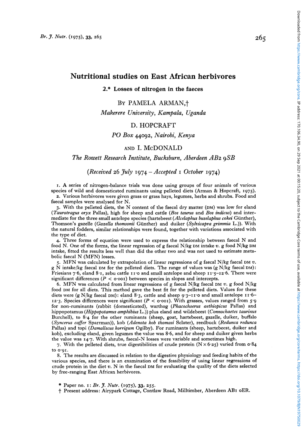 Nutritional Studies on East African Herbivores 2.