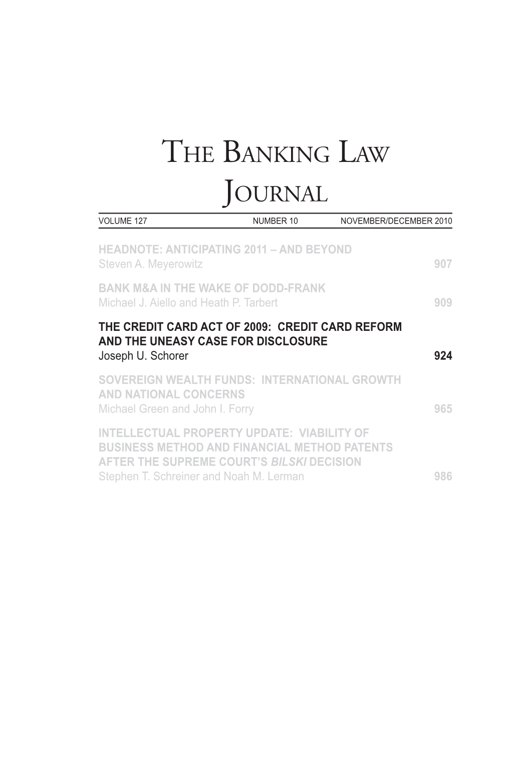 The Banking Law Journal Volume 127 Number 10 November/December 2010