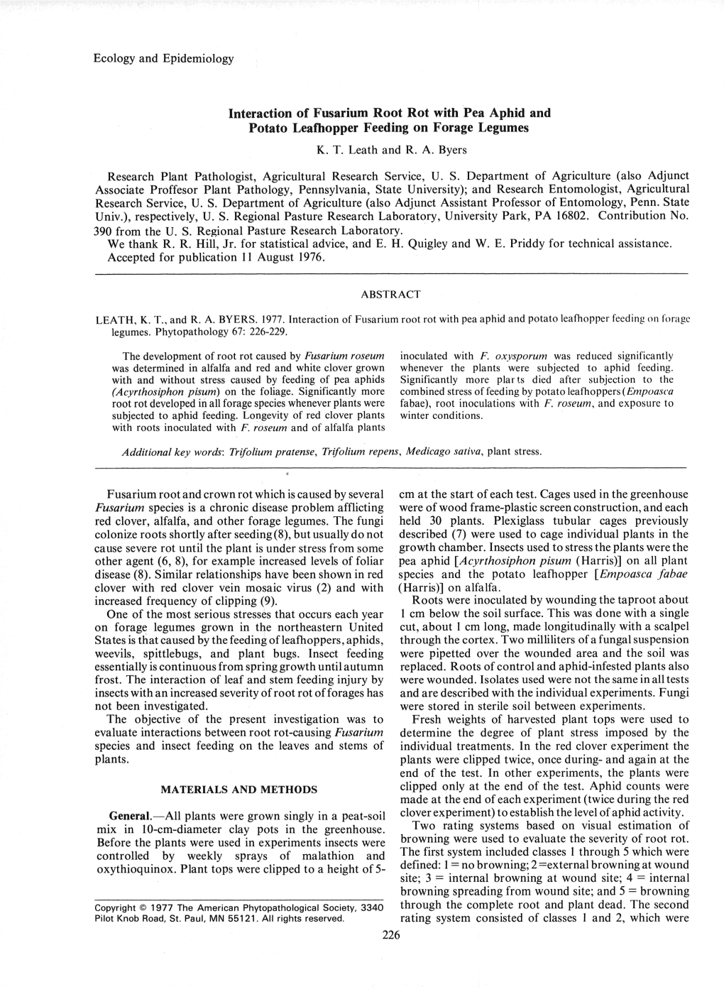 Interaction of Fusarium Root Rot with Pea Aphid and Potato Leafhopper Feeding on Forage Legumes K