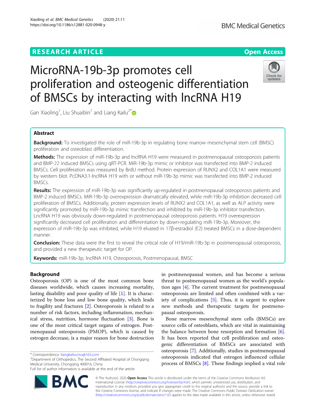 Microrna-19B-3P Promotes Cell Proliferation and Osteogenic Differentiation of Bmscs by Interacting with Lncrna H19 Gan Xiaoling1, Liu Shuaibin1 and Liang Kailu2*