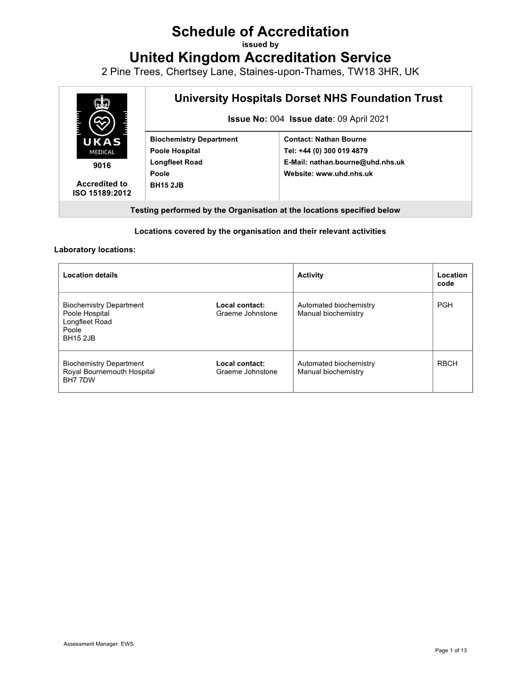 Schedule of Accreditation United Kingdom Accreditation Service