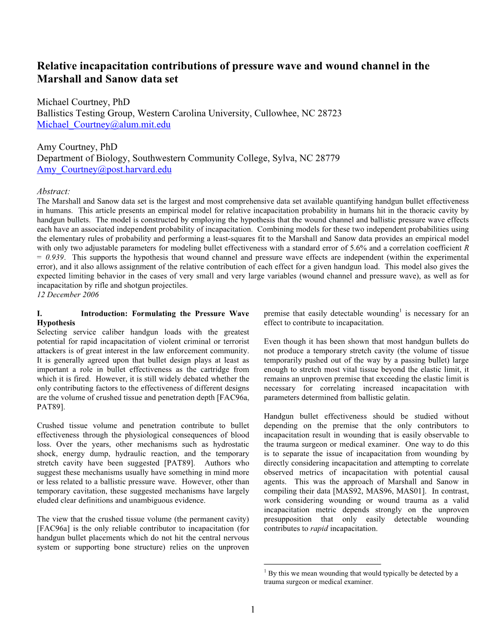 Relative Incapacitation Contributions of Pressure Wave and Wound Channel in the Marshall and Sanow Data Set