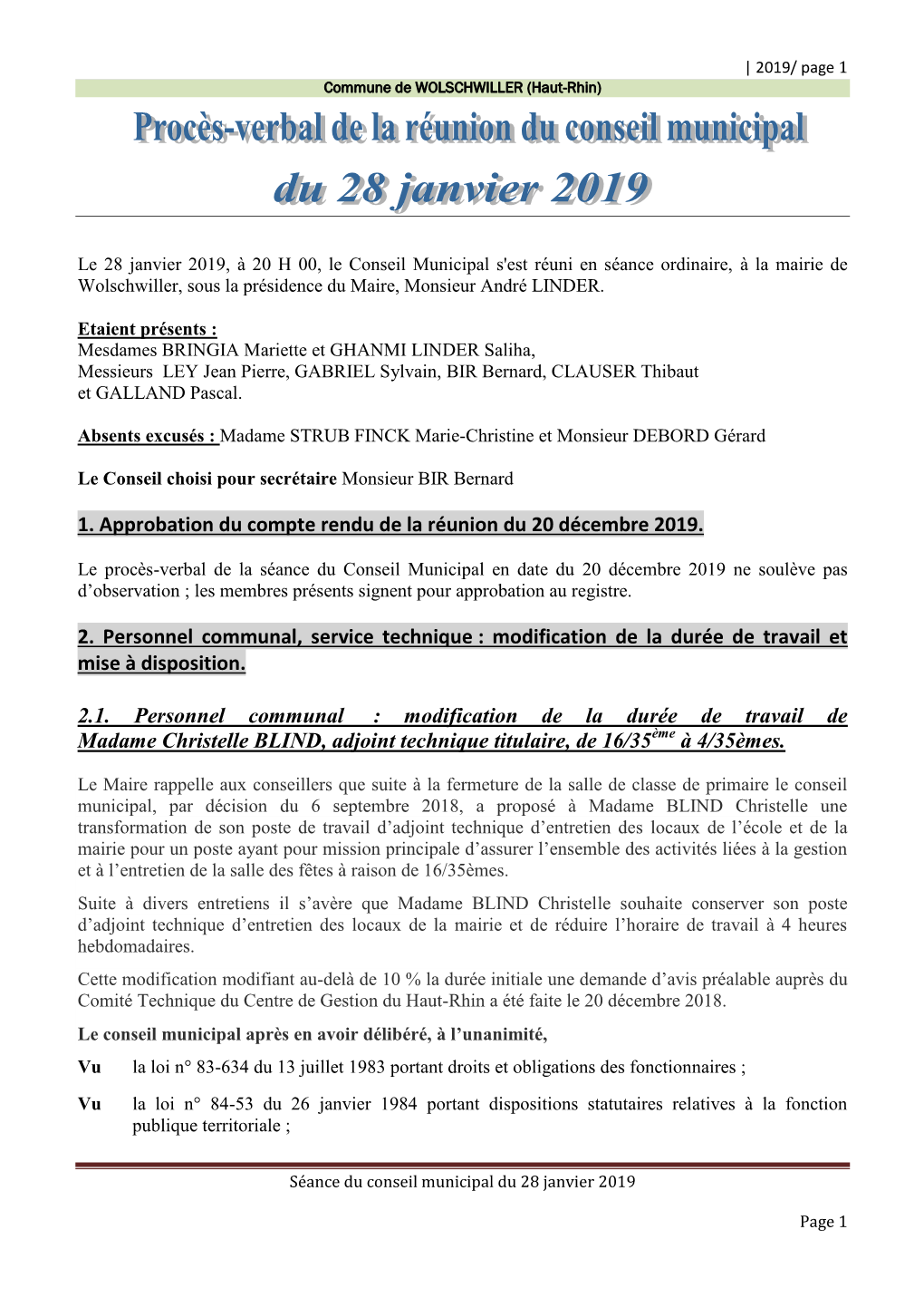 1. Approbation Du Compte Rendu De La Réunion Du 20 Décembre 2019. 2. Personnel Communal, Service Technique : Modification De L