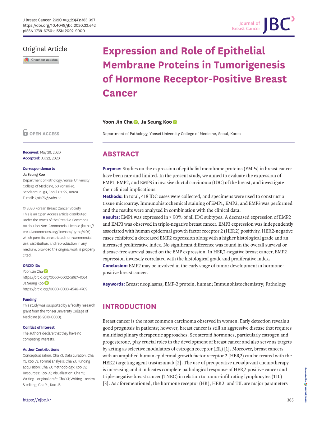 Expression and Role of Epithelial Membrane Proteins in Tumorigenesis of Hormone Receptor-Positive Breast Cancer