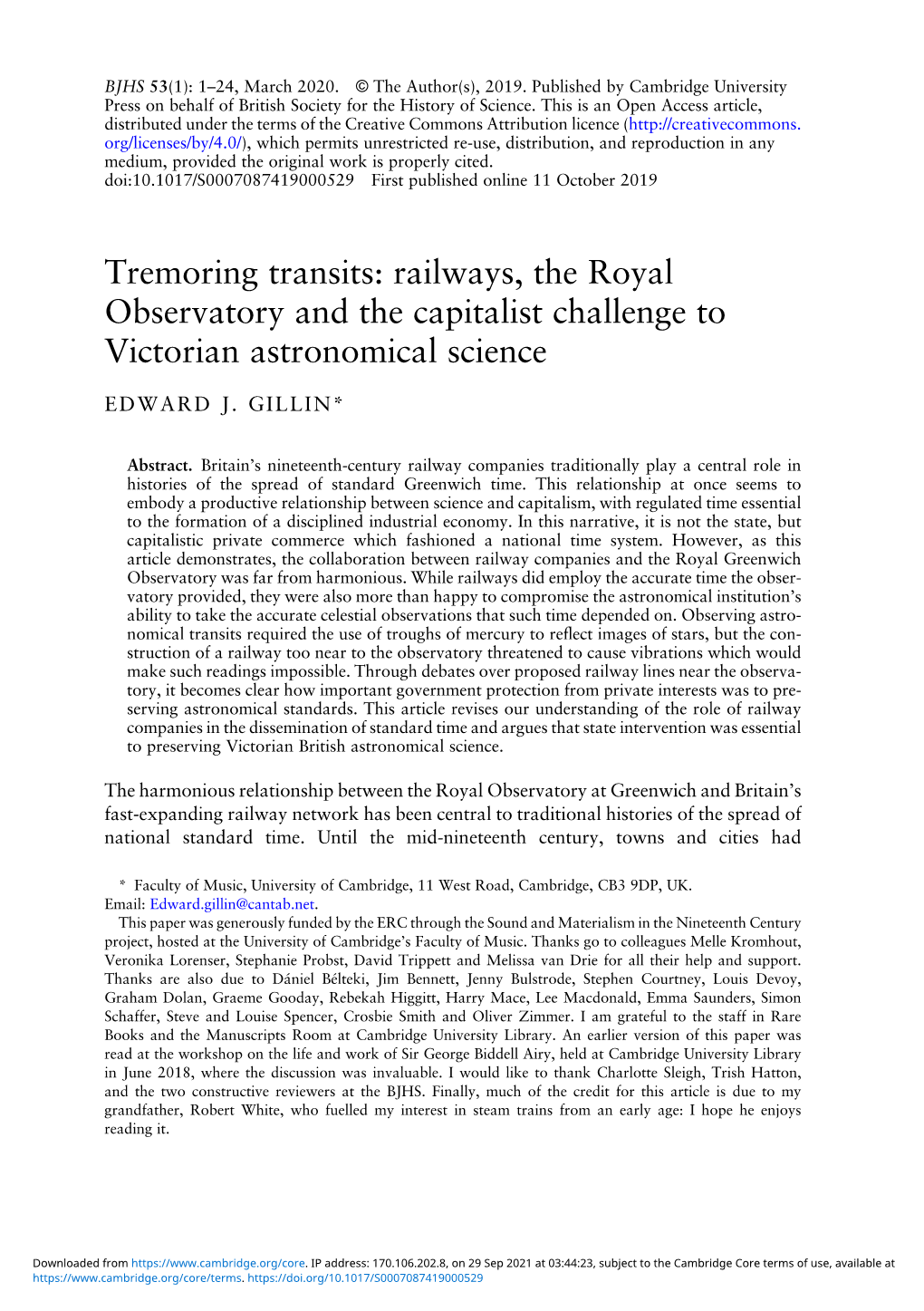 Tremoring Transits: Railways, the Royal Observatory and the Capitalist Challenge to Victorian Astronomical Science