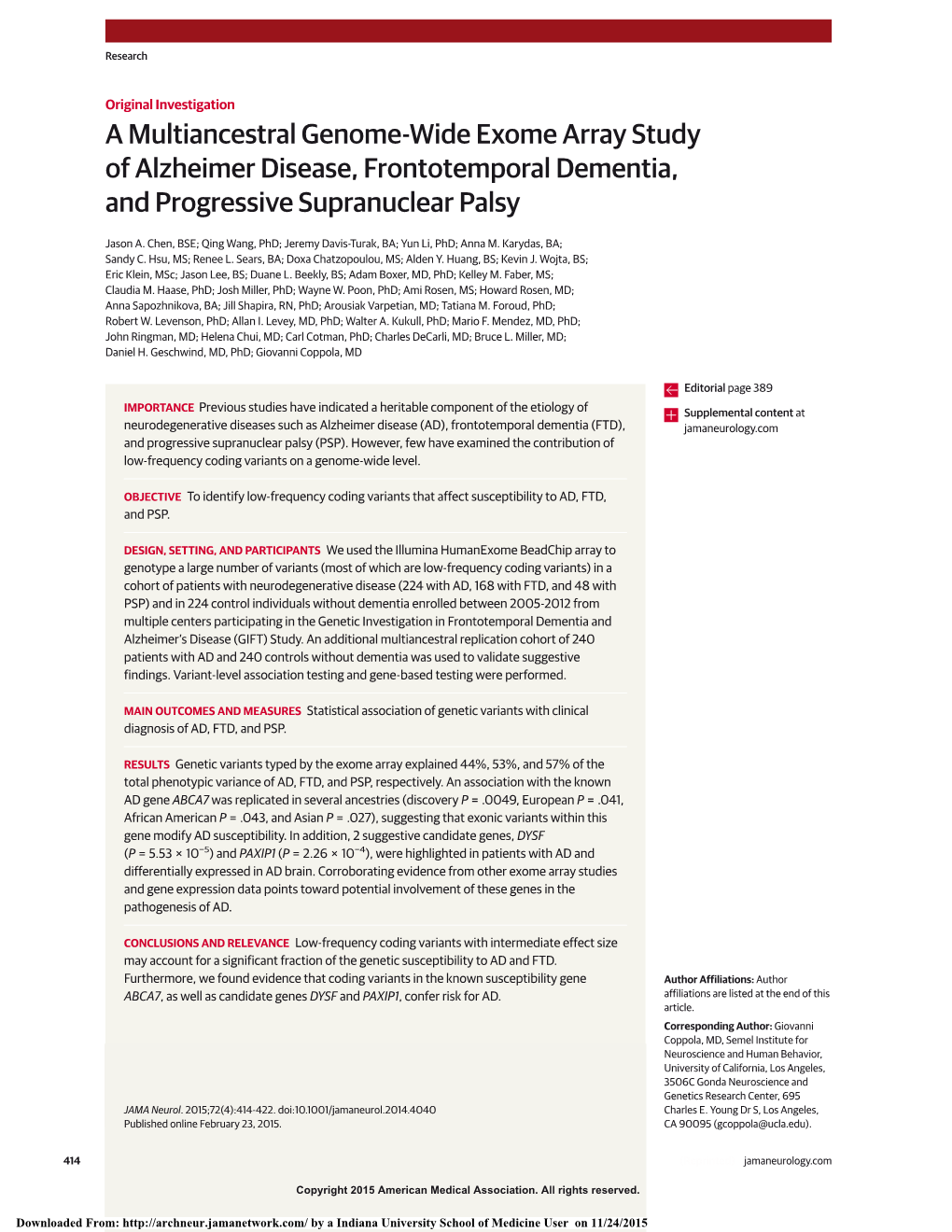 A Multiancestral Genome-Wide Exome Array Study of Alzheimer Disease, Frontotemporal Dementia, and Progressive Supranuclear Palsy