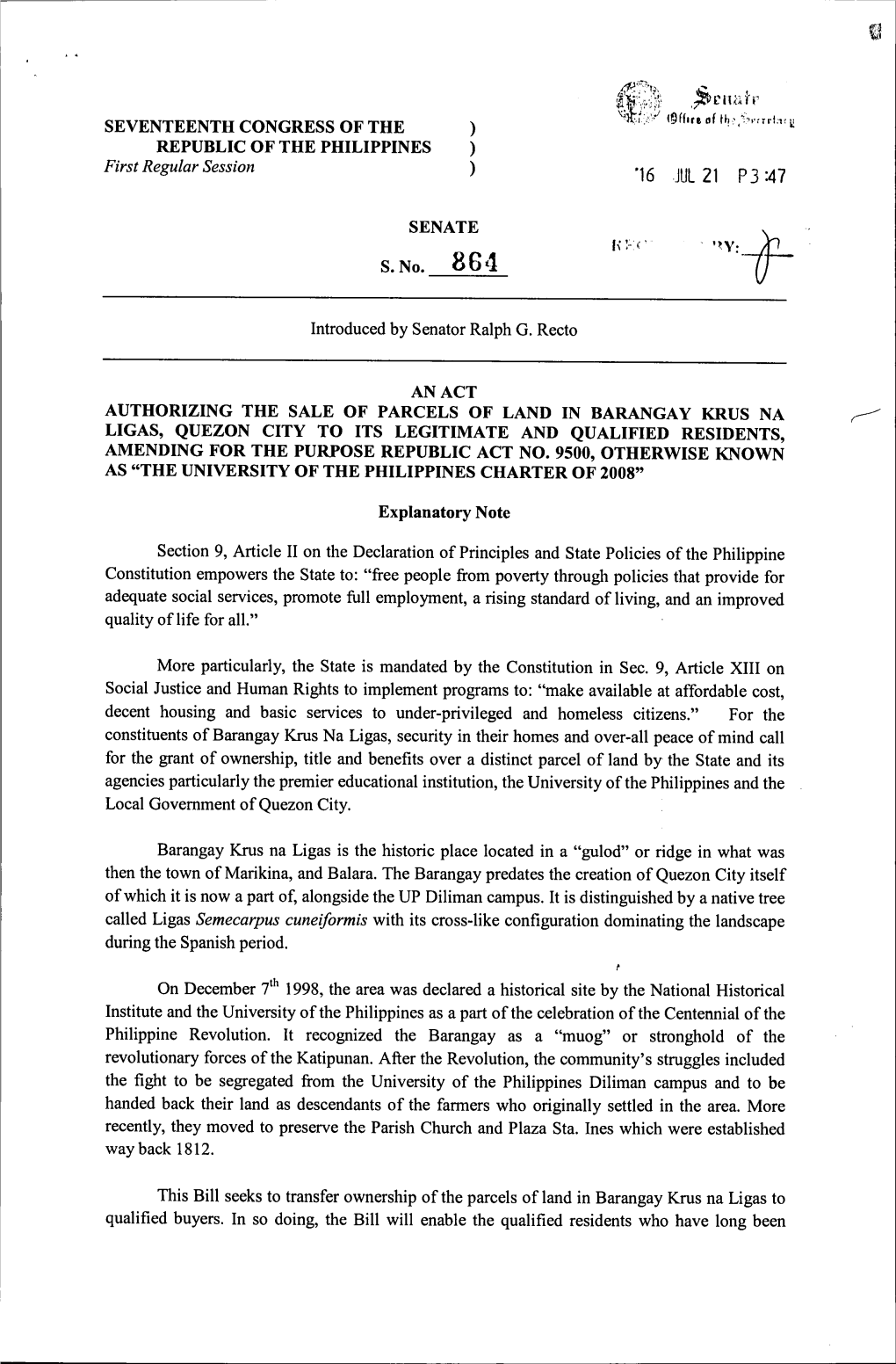 SEVENTEENTH CONGRESS of the ) (Office of REPUBLIC of the PHILIPPINES ) First Regular Session ) *16 JUL 21 P3:47