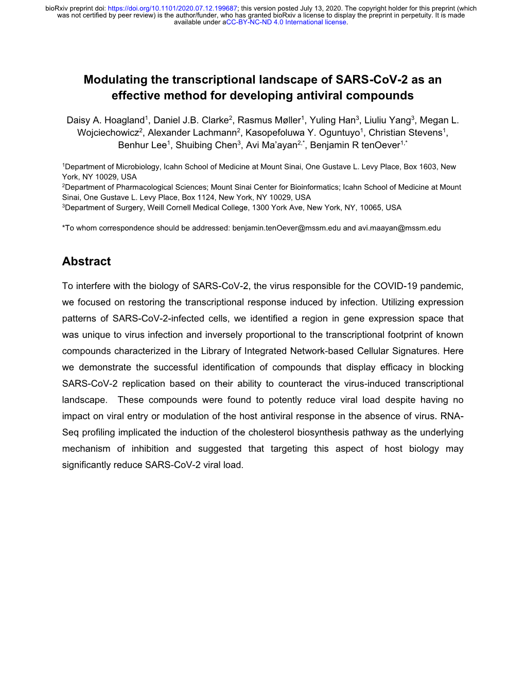 Modulating the Transcriptional Landscape of SARS-Cov-2 As an Effective Method for Developing Antiviral Compounds