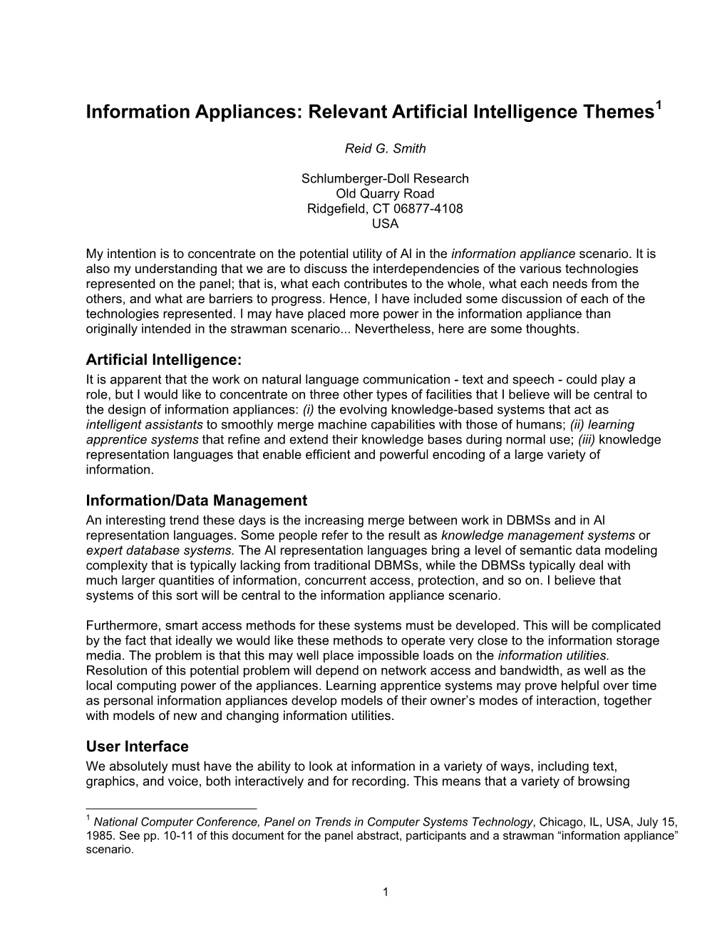 Information Appliances: Relevant Artificial Intelligence Themes1