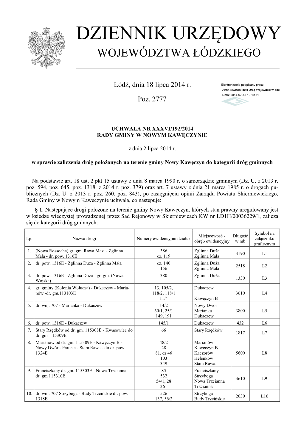 Uchwała Nr XXXVI/192/2014 Z Dnia 2 Lipca 2014 R