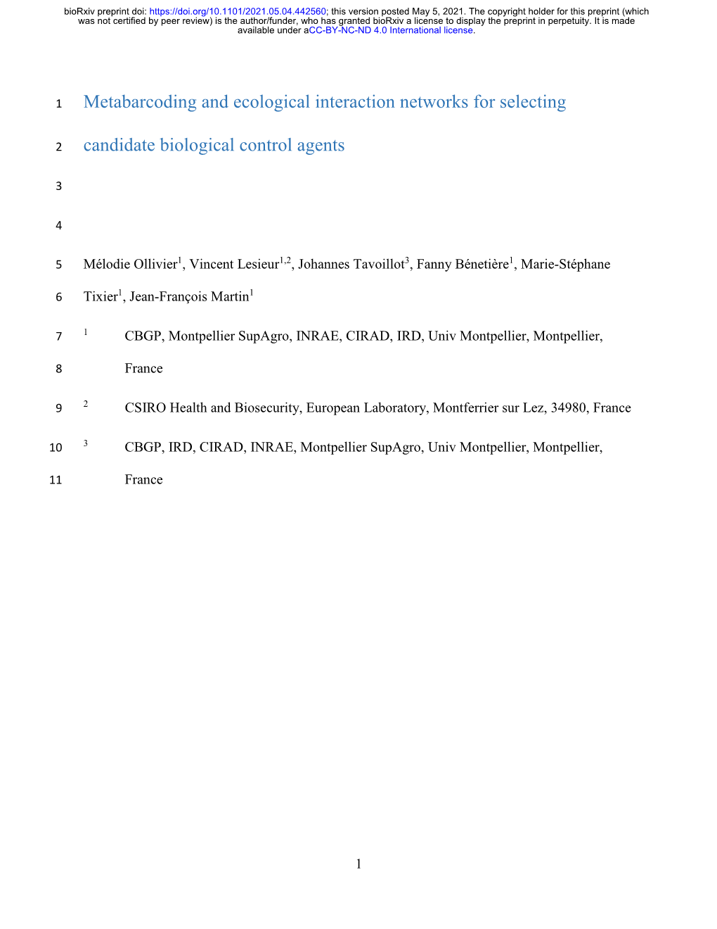 Metabarcoding and Ecological Interaction Networks for Selecting