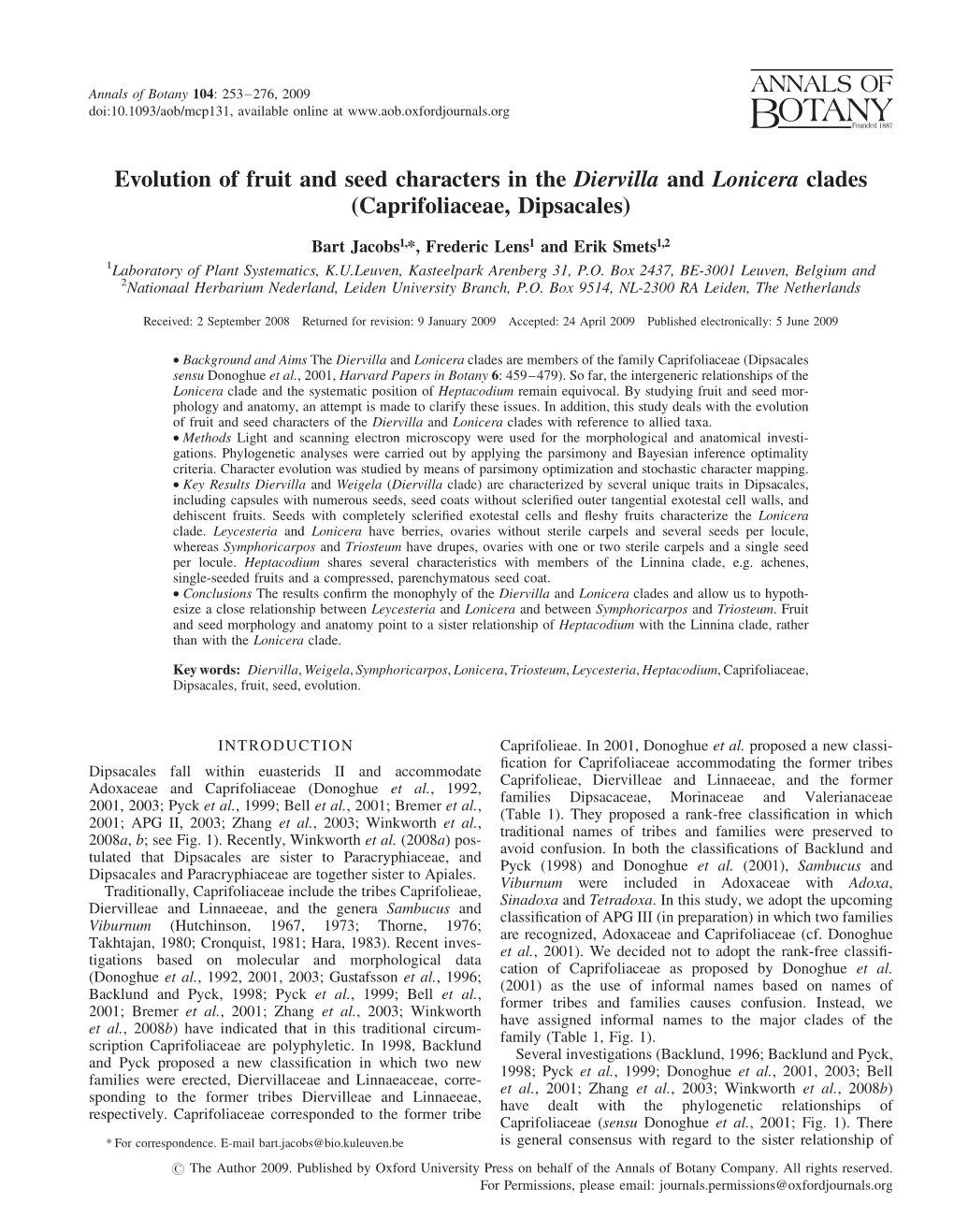 Evolution of Fruit and Seed Characters in the Diervilla and Lonicera Clades (Caprifoliaceae, Dipsacales)