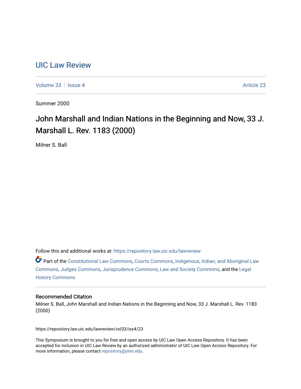 John Marshall and Indian Nations in the Beginning and Now, 33 J