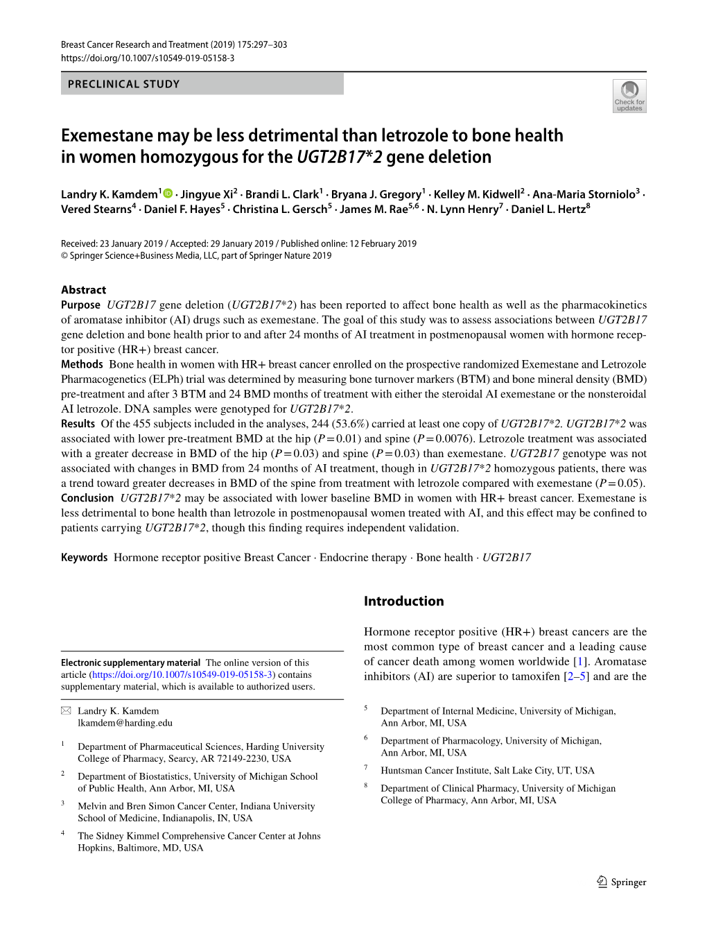 Exemestane May Be Less Detrimental Than Letrozole to Bone Health in Women Homozygous for the UGT2B17*2 Gene Deletion