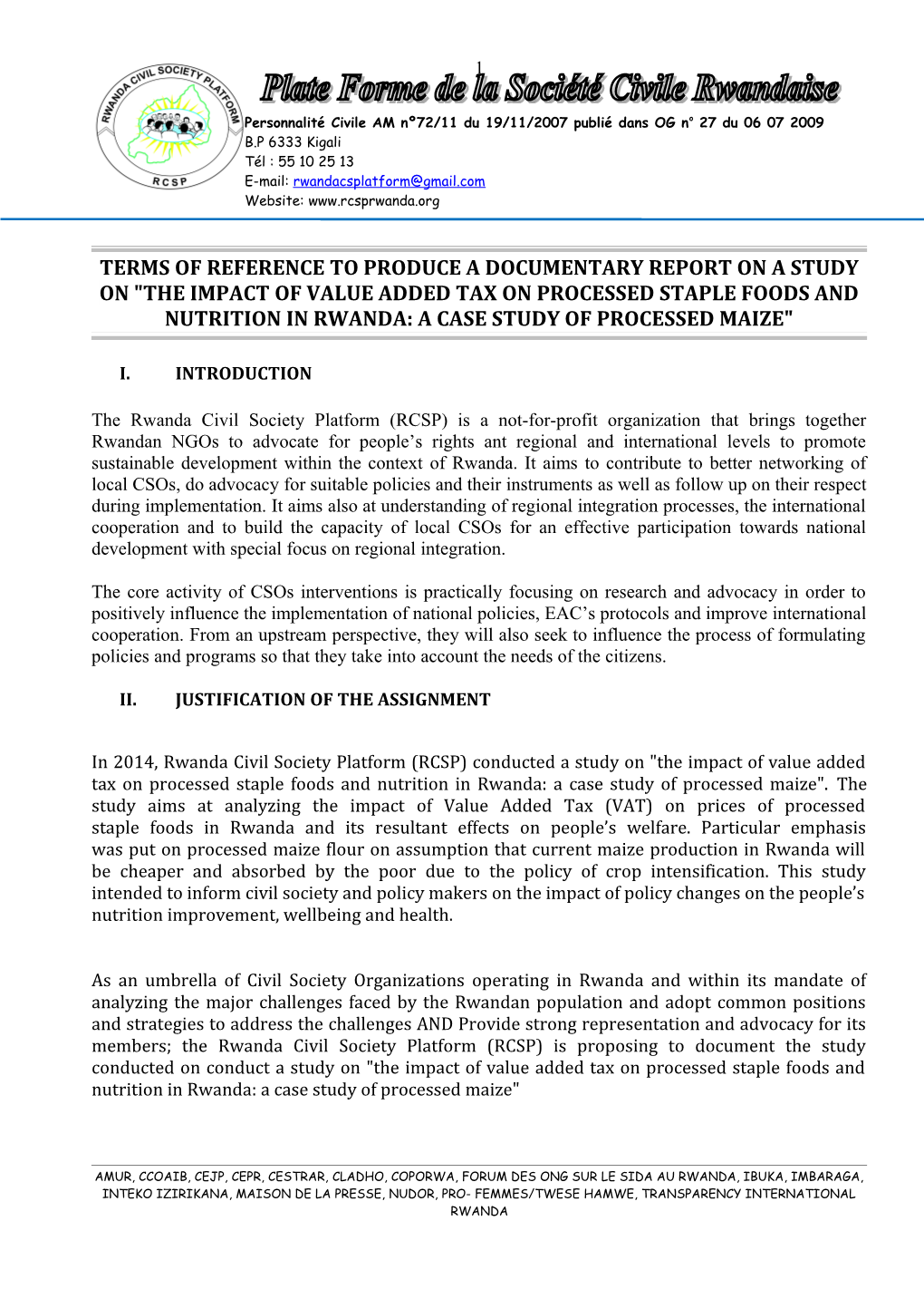 Terms of Reference to Produce a Documentary Report on a Study on the Impact of Value Added