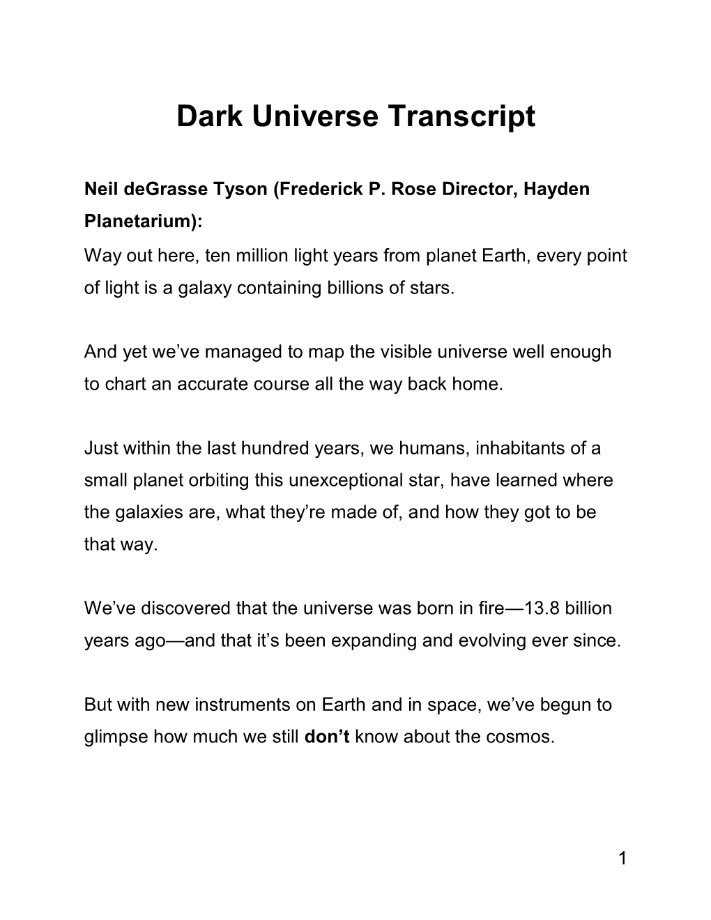 Dark Universe Transcript