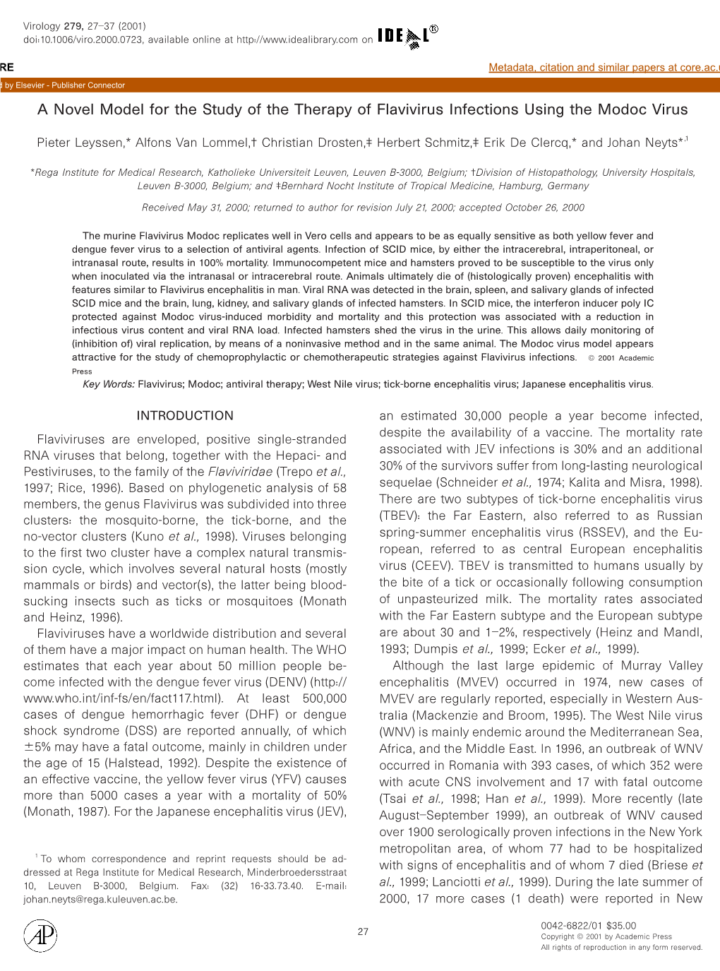 A Novel Model for the Study of the Therapy of Flavivirus Infections Using the Modoc Virus