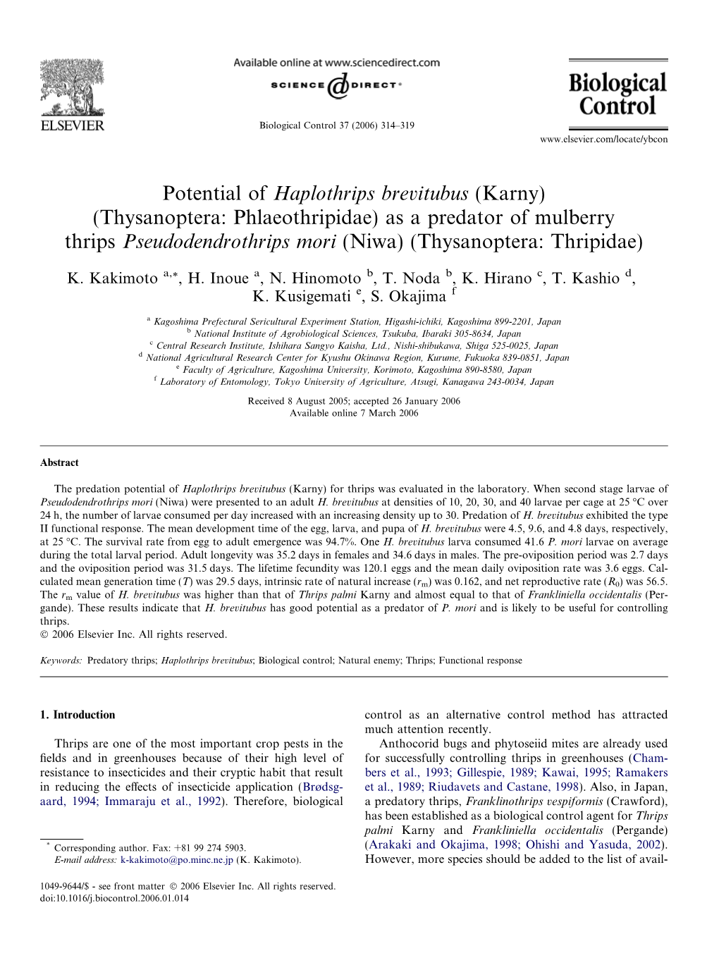 Potential of Haplothrips Brevitubus (Karny) (Thysanoptera: Phlaeothripidae) As a Predator of Mulberry Thrips Pseudodendrothrips Mori (Niwa) (Thysanoptera: Thripidae)