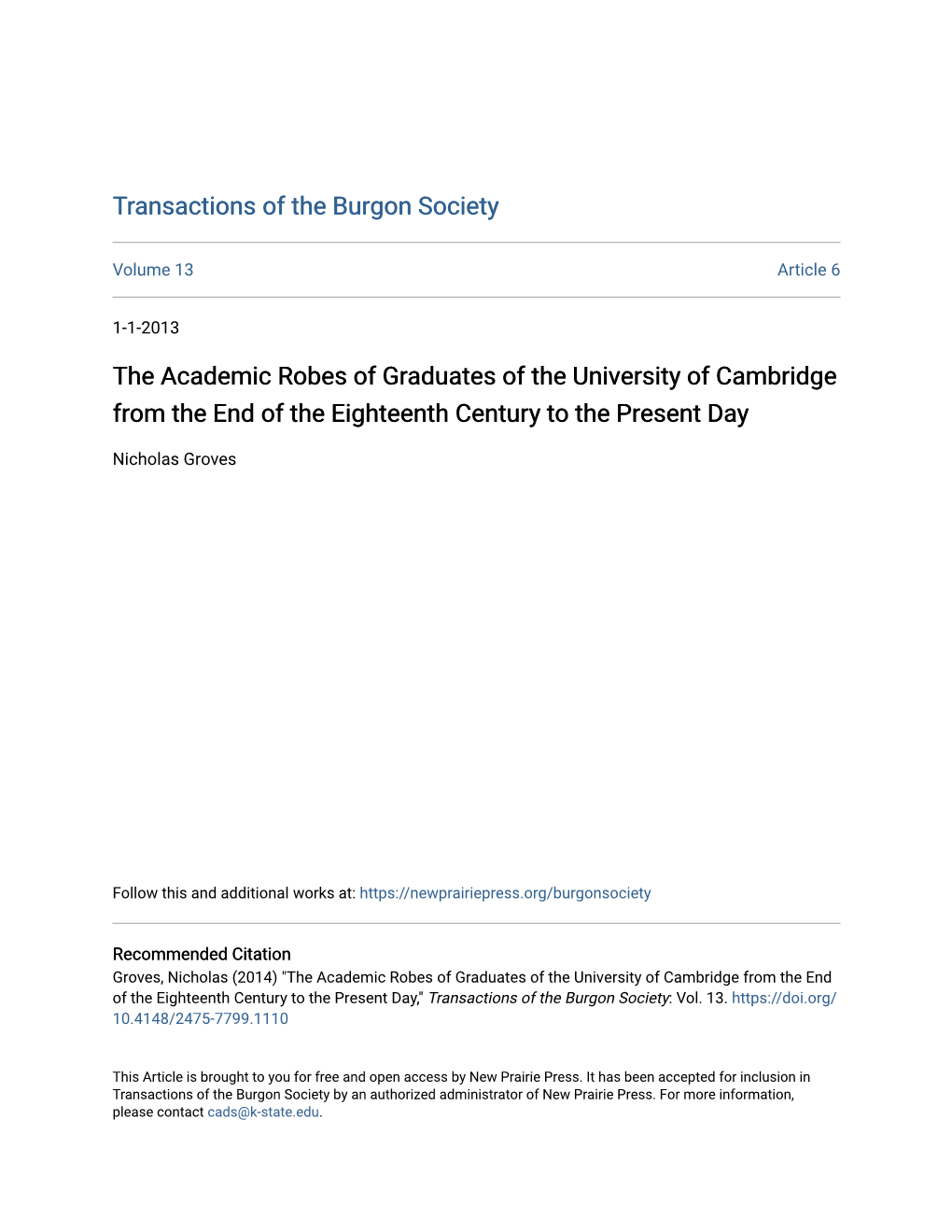 The Academic Robes of Graduates of the University of Cambridge from the End of the Eighteenth Century to the Present Day