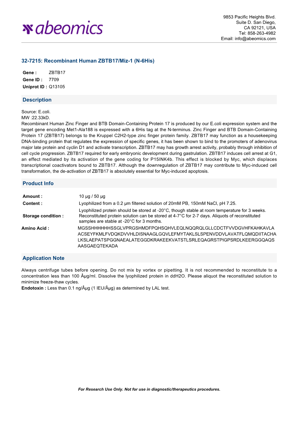 Recombinant Human ZBTB17/Miz-1 (N-6His)