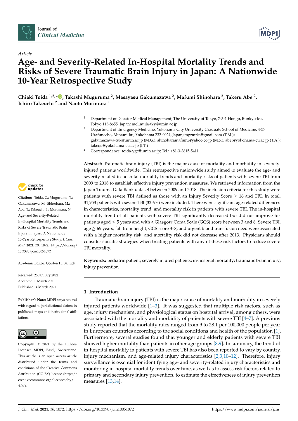 Age- and Severity-Related In-Hospital Mortality Trends and Risks of Severe Traumatic Brain Injury in Japan: a Nationwide 10-Year Retrospective Study