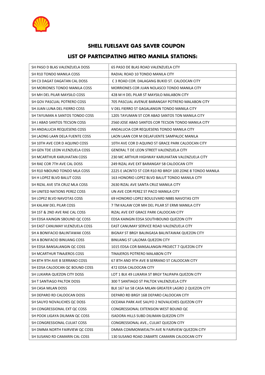 Shell Fuelsave Gas Saver Coupon List of Participating Metro Manila Stations