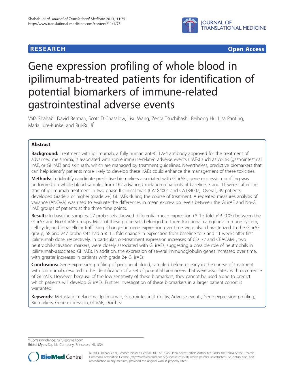 Gene Expression Profiling of Whole Blood in Ipilimumab-Treated Patients