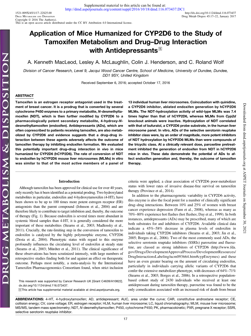 Application of Mice Humanized for CYP2D6 to the Study of Tamoxifen Metabolism and Drug–Drug Interaction with Antidepressants S