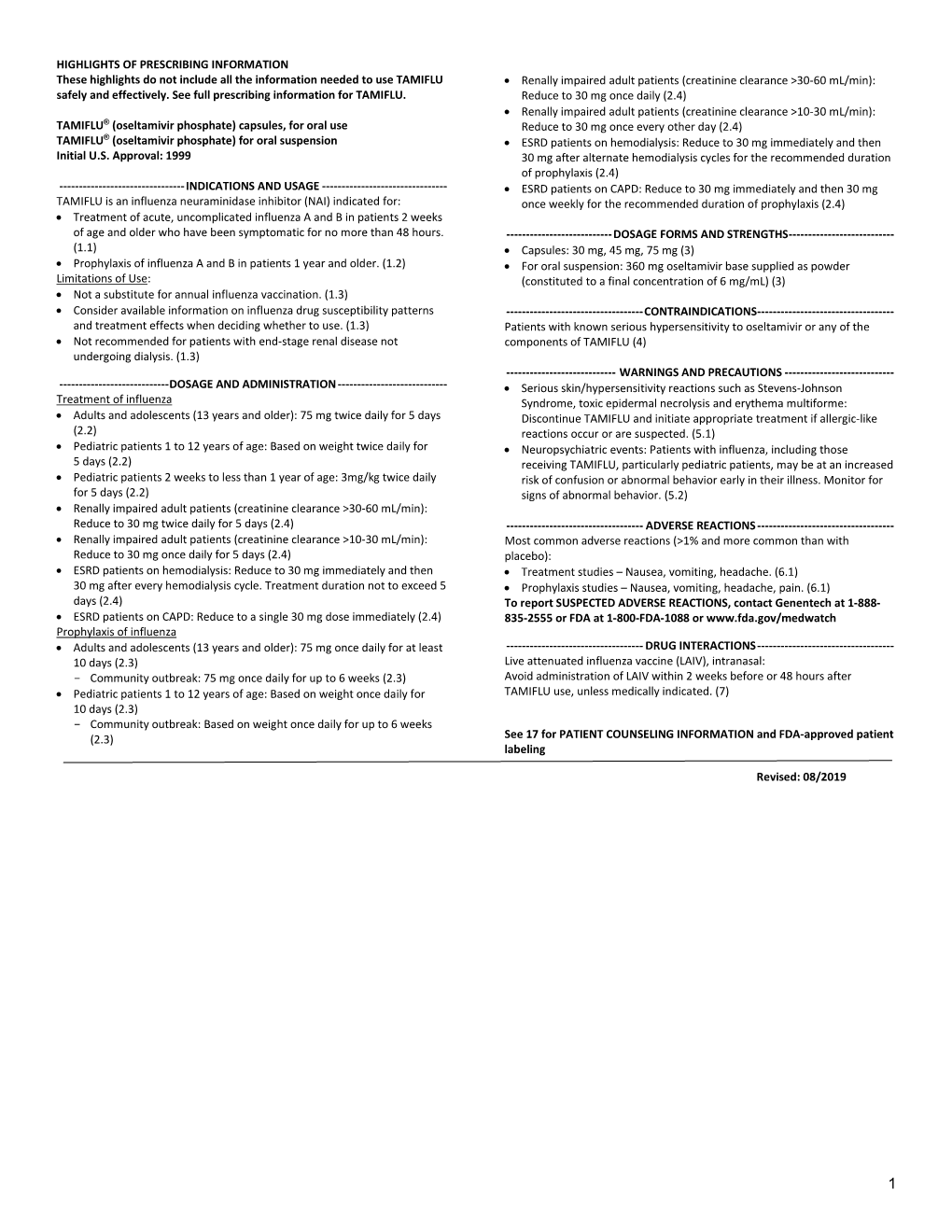 Prescribing Information for TAMIFLU